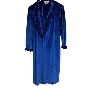 Anne Leslie 80s Vintage House Coat/ Robe Royal Blue Velour Midi Length Acetate S